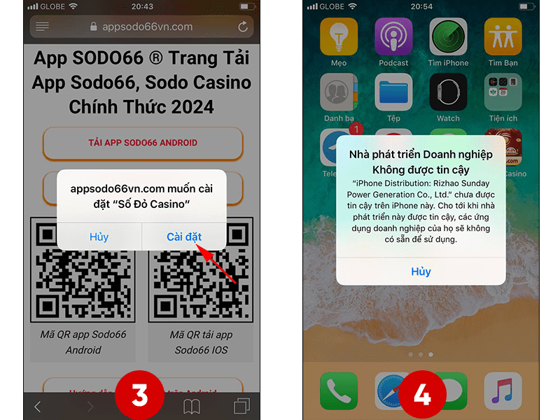 Bước 3 và 4 hướng dẫn tải app SODO trên IOS
